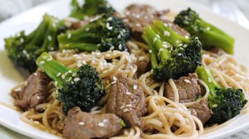 beef and broccoli with Noodles on a plate