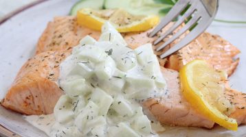 Pan Poached Salmon with Cucumber Lemon Dill Sauce